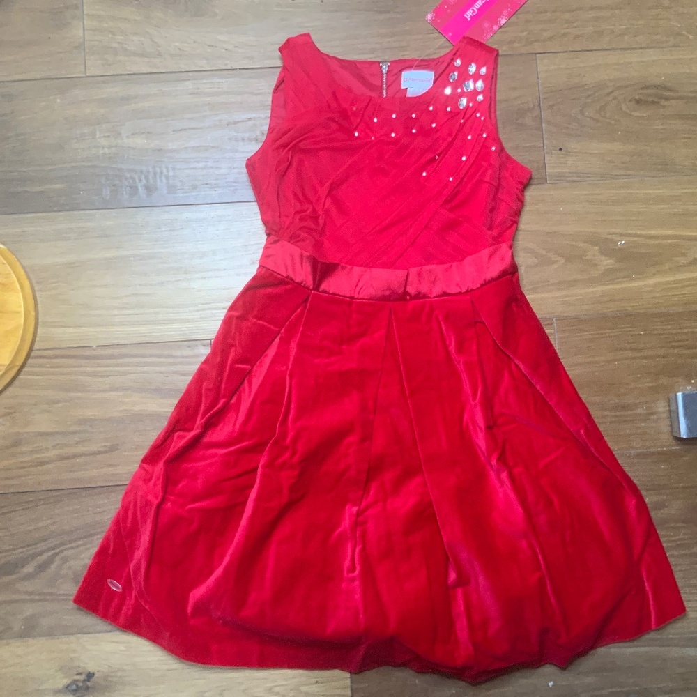 American Girl Red Party Satin Velvet and Rhinestone Dress